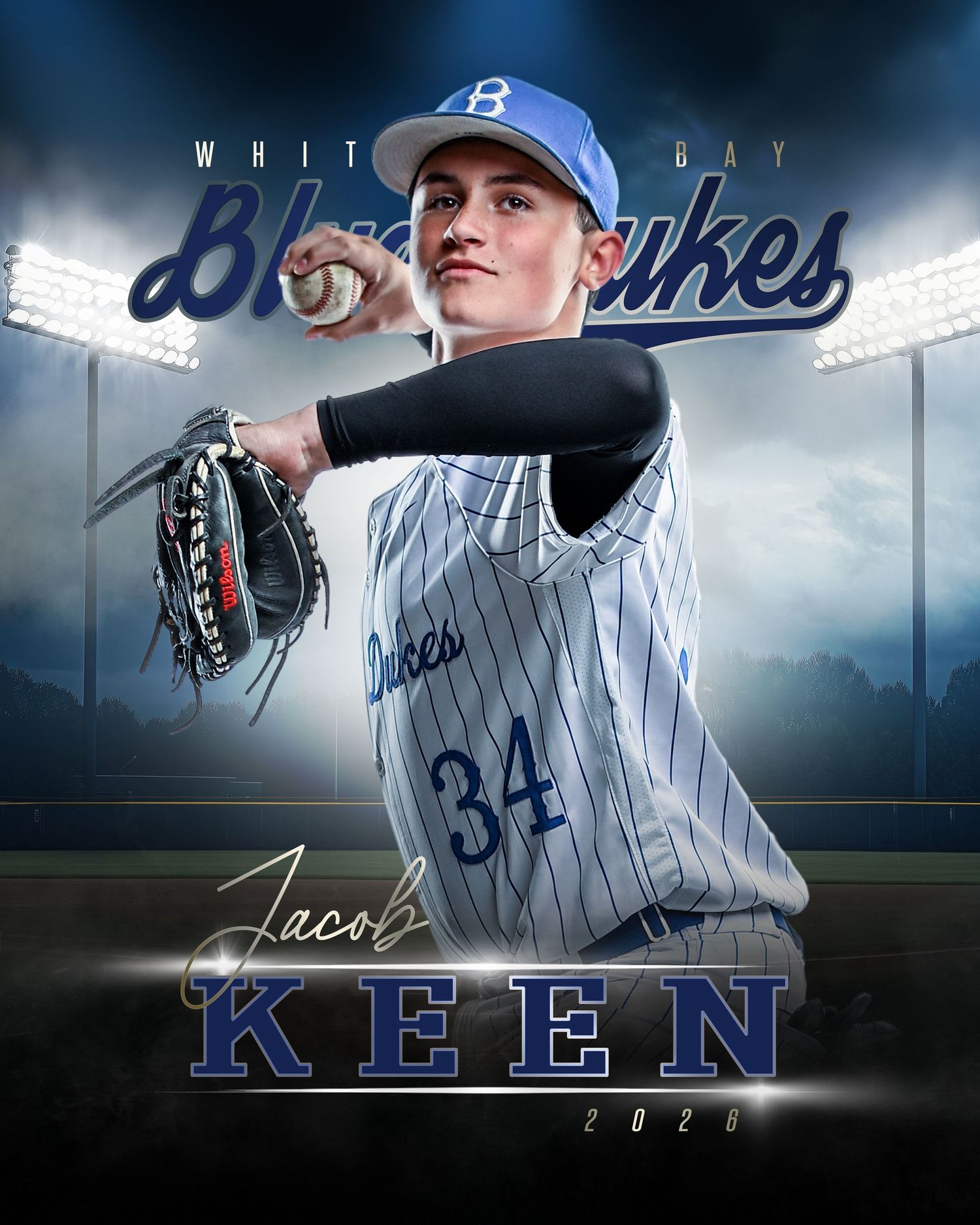 Jacob Keen #34 baseball player poster for White Bay Blue Dukes 2020 season, mid-pitch action shot.