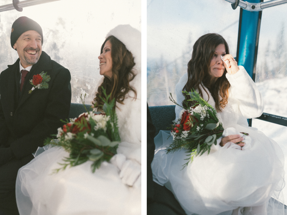 bride and groom laugh on the gondola up the mountain to their Revelstoke elopement