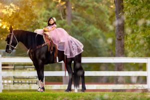 A young girl in a pink dress leans gracefully on a dark brown horse beside a white fence in a lush green setting.