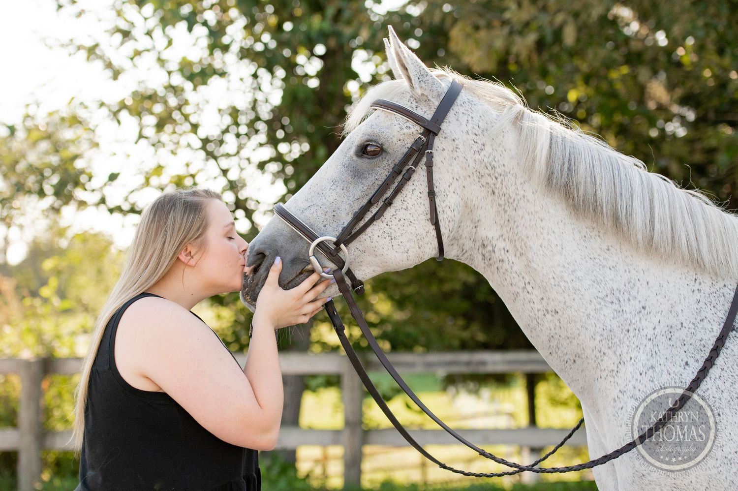 A tender interaction between a white horse and owner in a sun-dappled outdoor setting.
