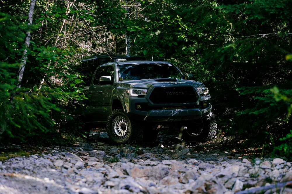 Several dark SUVs are parked in a wooded area surrounded by lush green forest and rocky terrain.