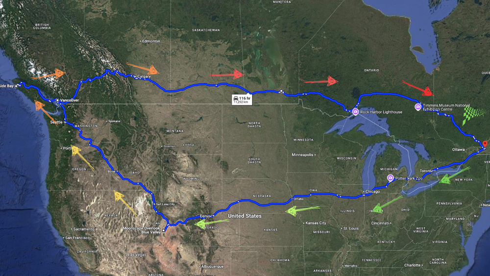Satellite map showing a path across the United States with blue and red lines indicating routes between major cities.