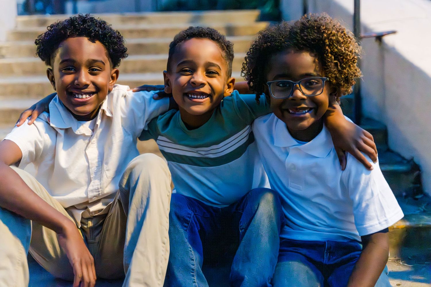 Three smiling young students sitting together on outdoor steps wearing white and light blue clothing.