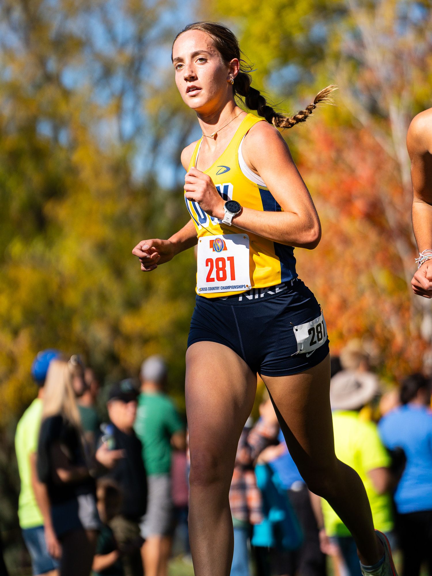Runner competes in autumn cross country race wearing yellow jersey and race number.