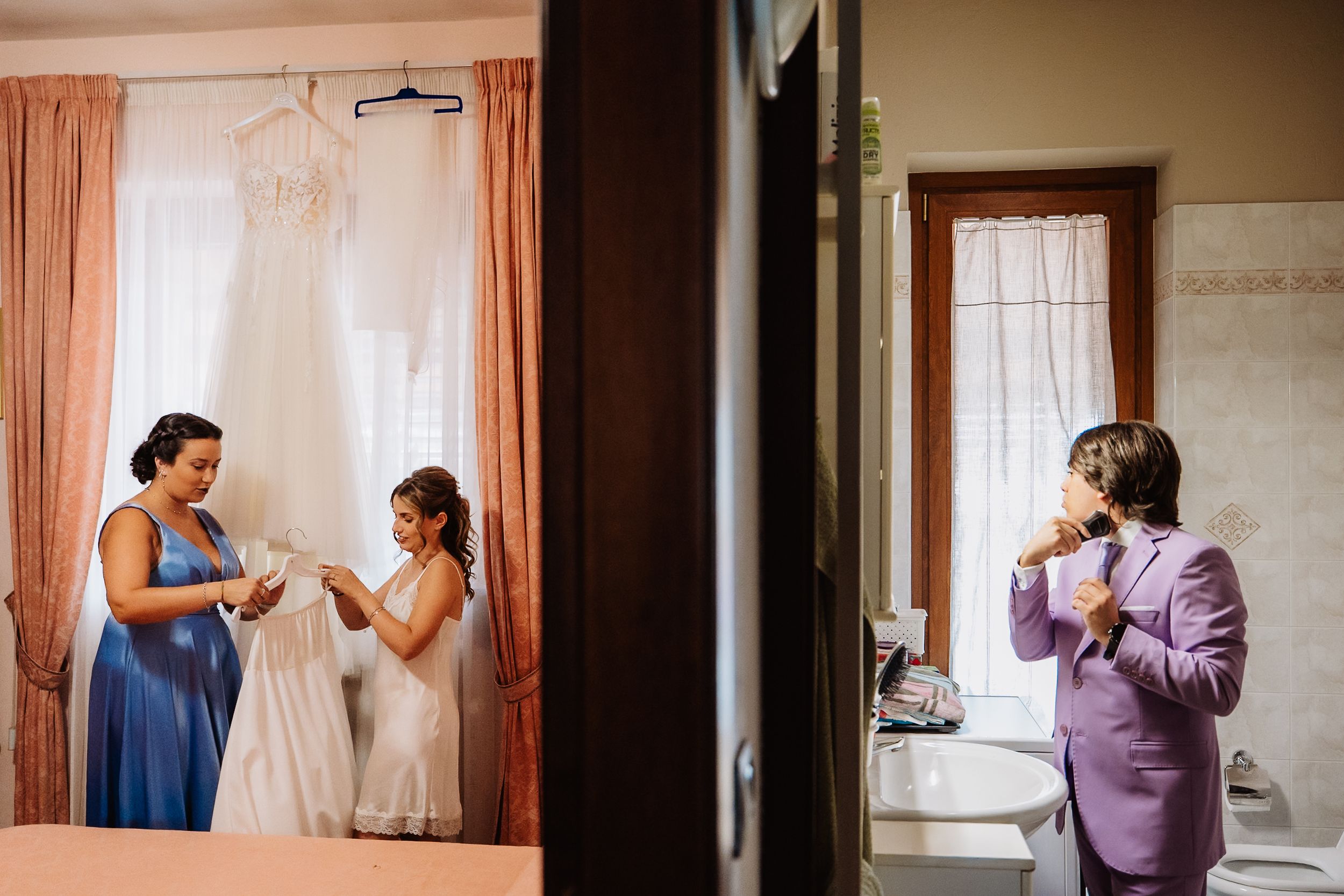 A row of photographs showing interior spaces with pink curtains and natural lighting.
