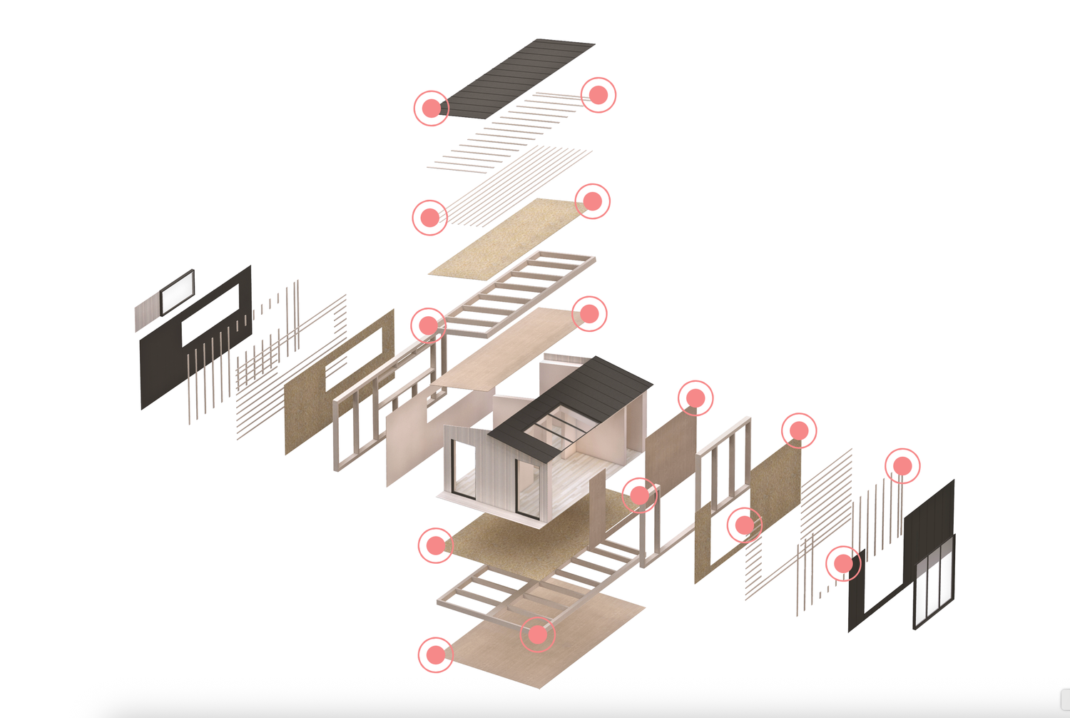 Exploded axonometric technical drawing showing layered architectural components and assembly details in brown and black.