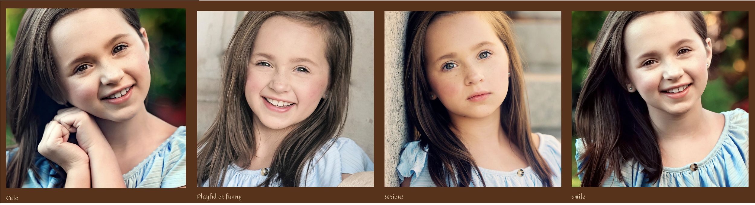 Three headshot photographs showing the progression of a photoshoot with different lighting and poses.