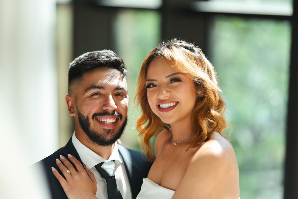A series of playful wedding portraits with natural lighting and greenery in background.