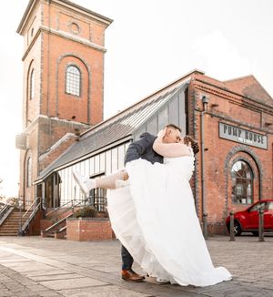 Wedding photo sequence at historic brick building with couple in elegant attire creating dynamic movements.