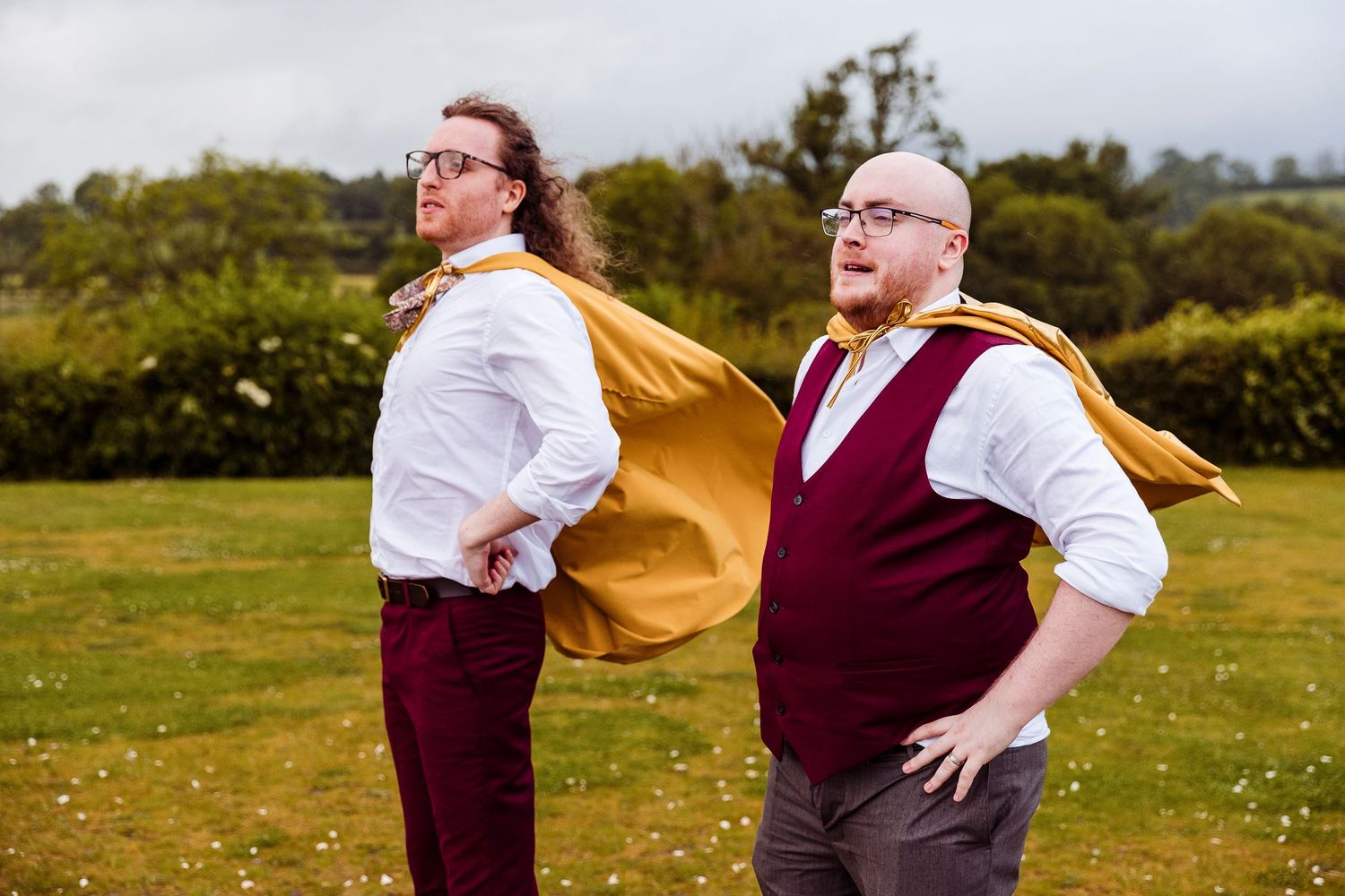 Danny and his best man assume the superhero pose at Eden Wedding Barn.