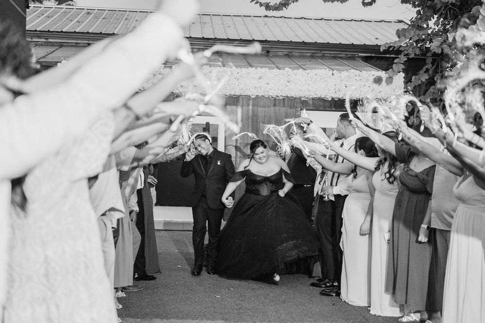 Wedding guests hold up the bridal veil to create a dramatic tunnel effect during an outdoor reception ceremony.