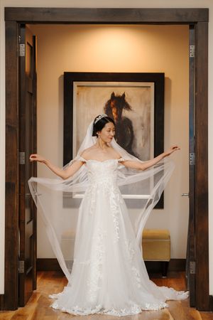 A bride in a flowing white lace wedding gown twirls gracefully with her veil in a series of artistic photos.