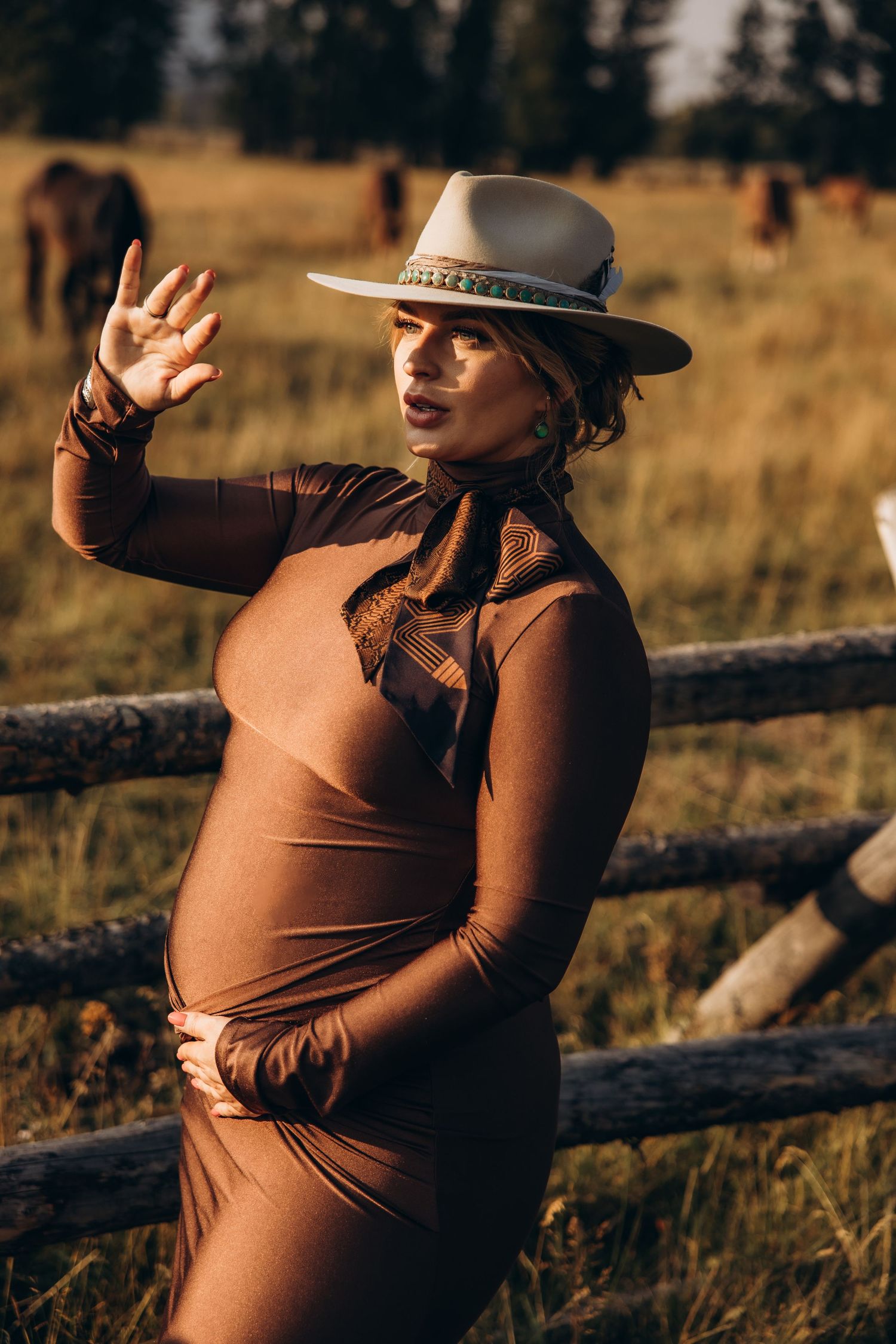 Person in brown attire leans against rustic wooden fence at sunset in golden field with dramatic lighting.