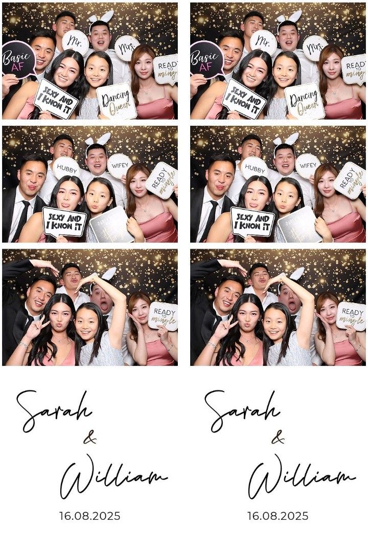 Photo booth strip showing multiple playful poses with wedding signs and gold sparkle backdrop decorations at a celebration.
