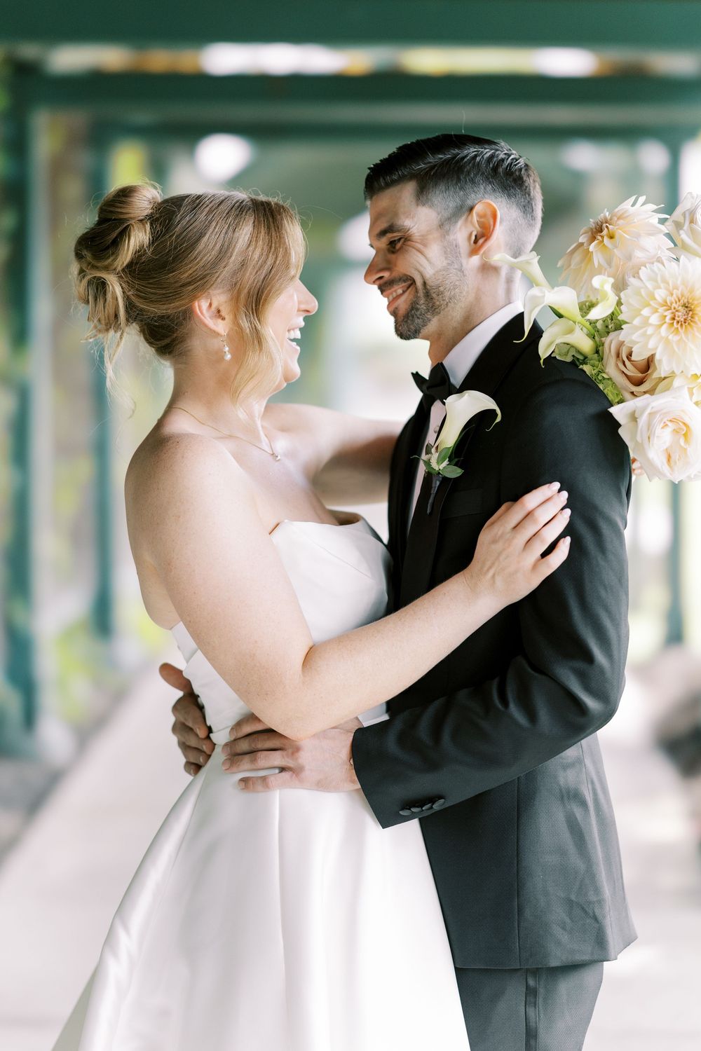 A series of romantic wedding photos capturing tender moments between newlyweds dancing and embracing during their first dance.