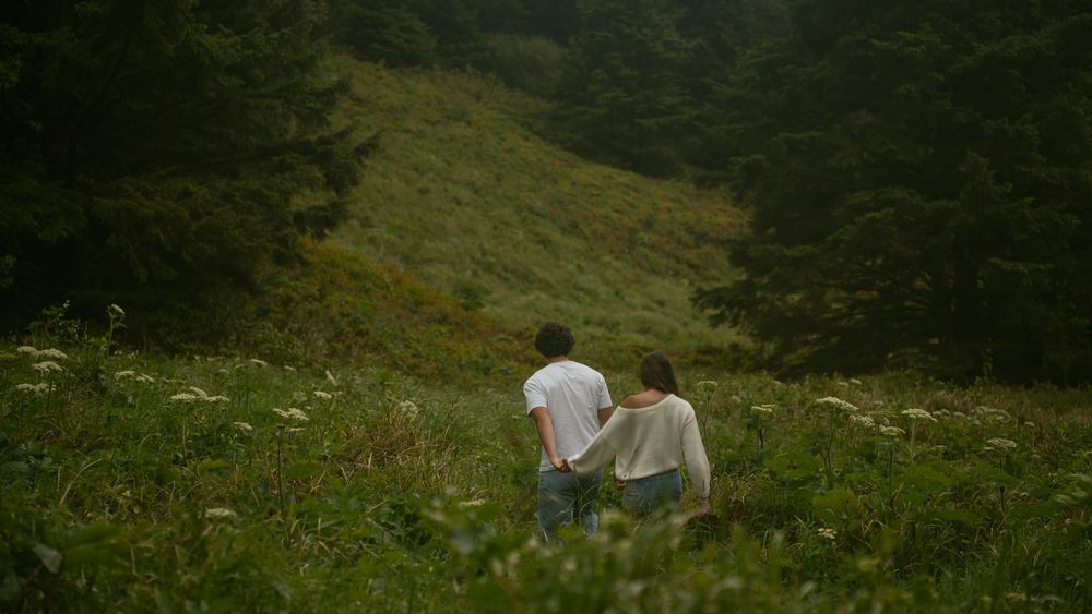 Couple walking hand in hand through lush green meadow with dense forest hillside in background.