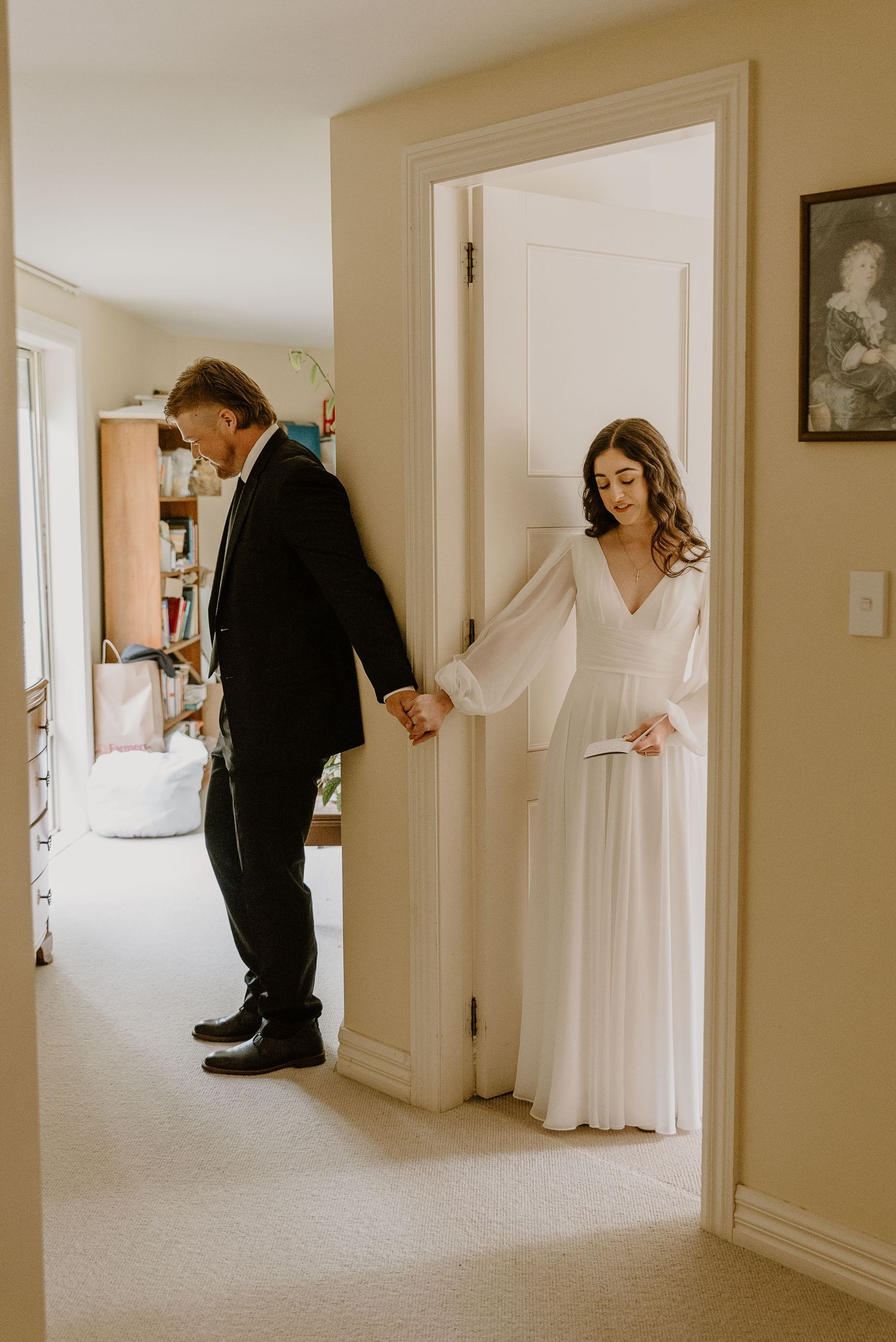 Artistic panorama of a white hallway showing candid wedding preparation moments from different angles. christchurch wedding photography