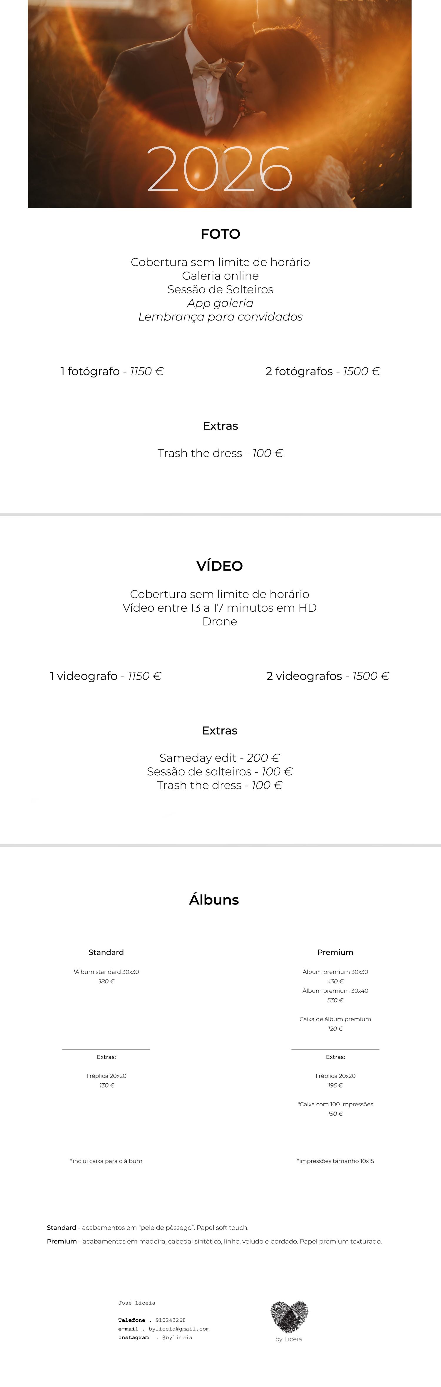 2026 wedding photography and videography pricing guide with package details.