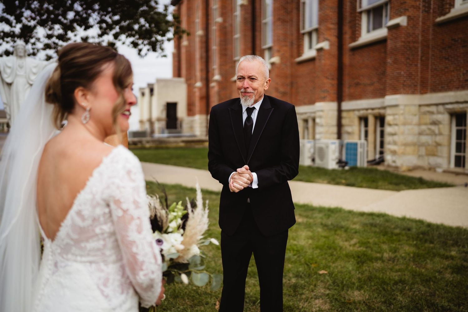 A series of wedding photos showing candid moments between a bride and groom outside a brick church building.