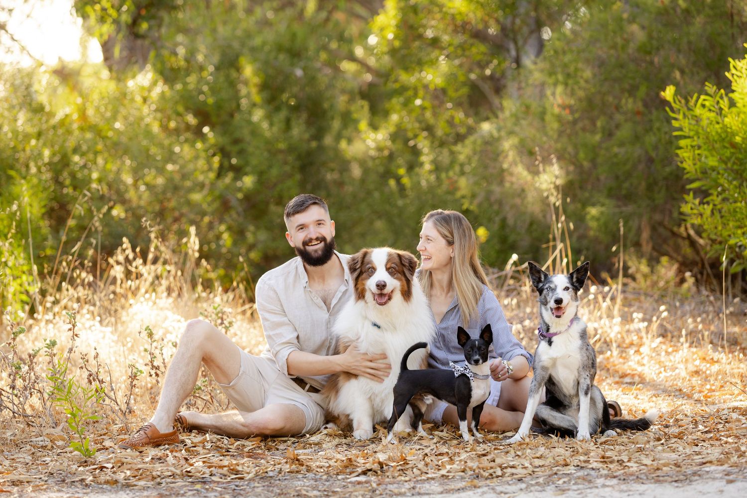 A family and their beagle dog relax together on fallen autumn leaves in a sun-dappled outdoor setting.