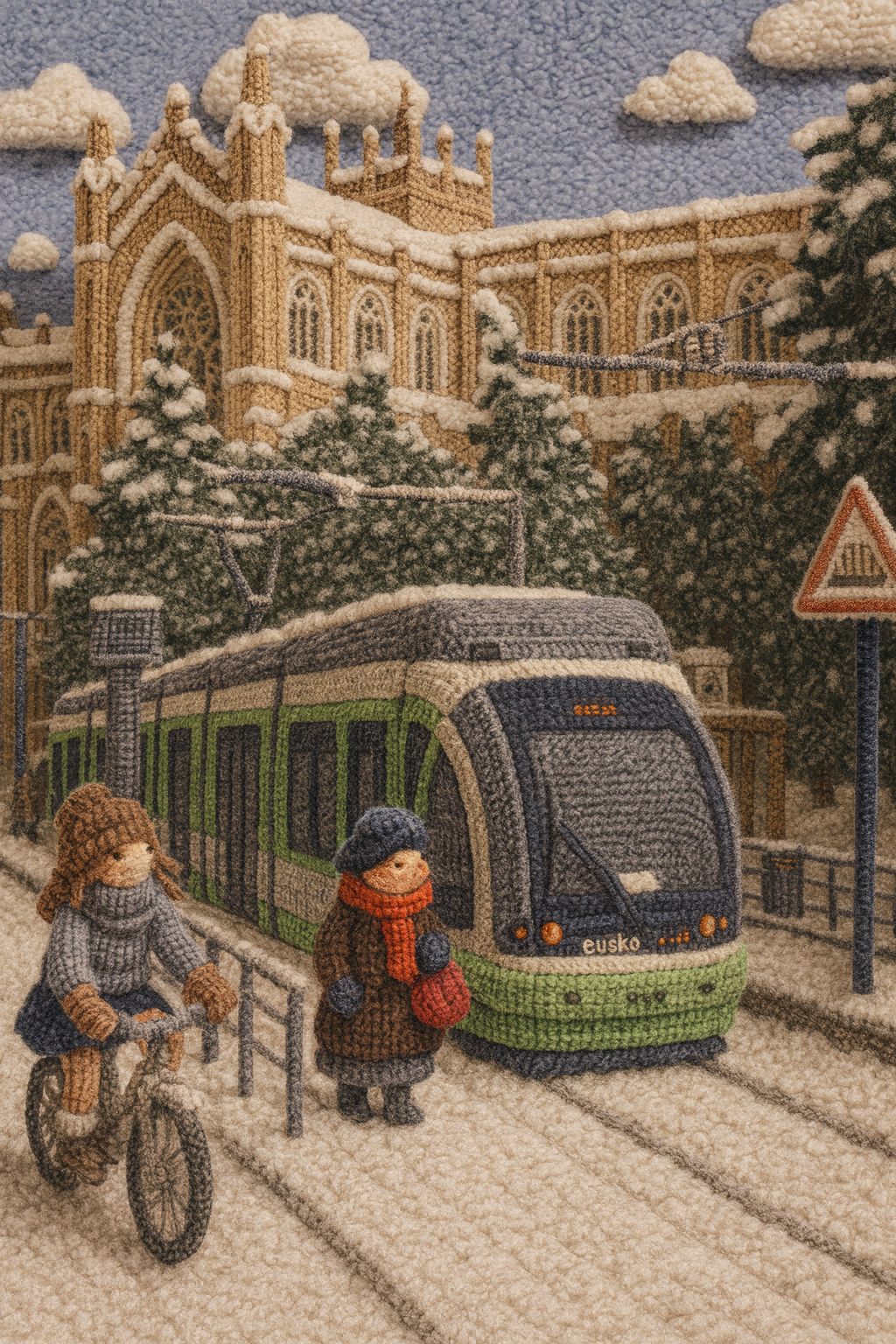 Ilustración digital generada con IA de un diorama tejido en 3D con estética acogedora, imagen de Vitoria con nieve
