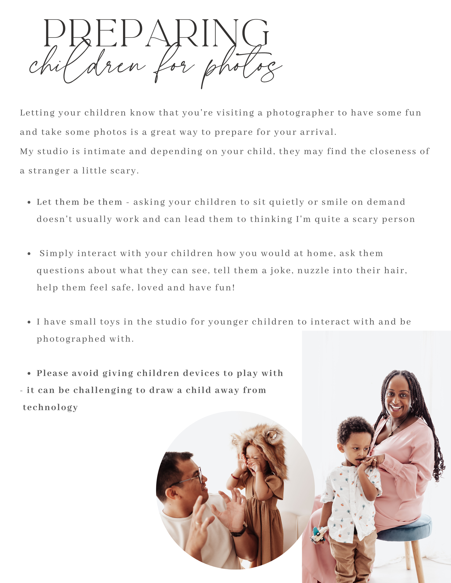 Professional photography studio website header showing family photo session preparation tips with soft neutral tones.