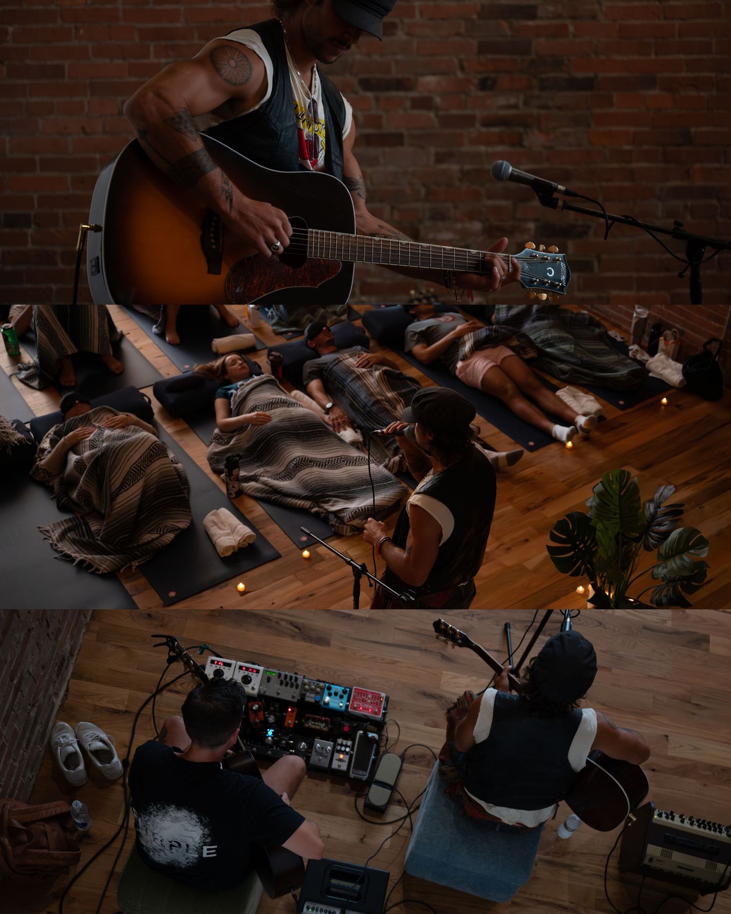 Overhead view of a musician playing acoustic guitar with various effects pedals and equipment on wooden floor.