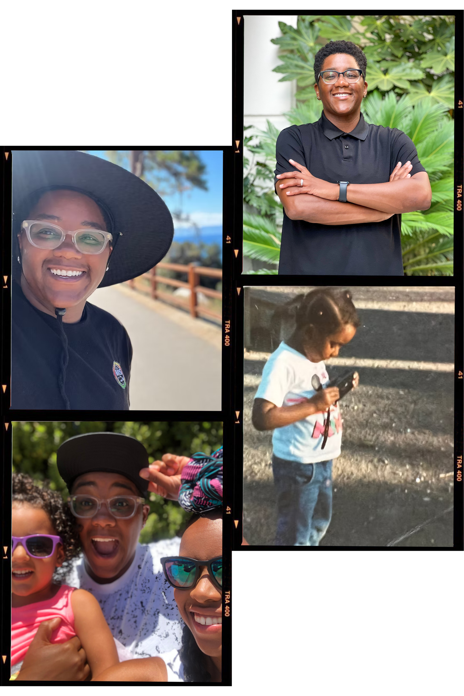 Collection of casual outdoor portrait shots showing bright smiles and joyful expressions in various settings.