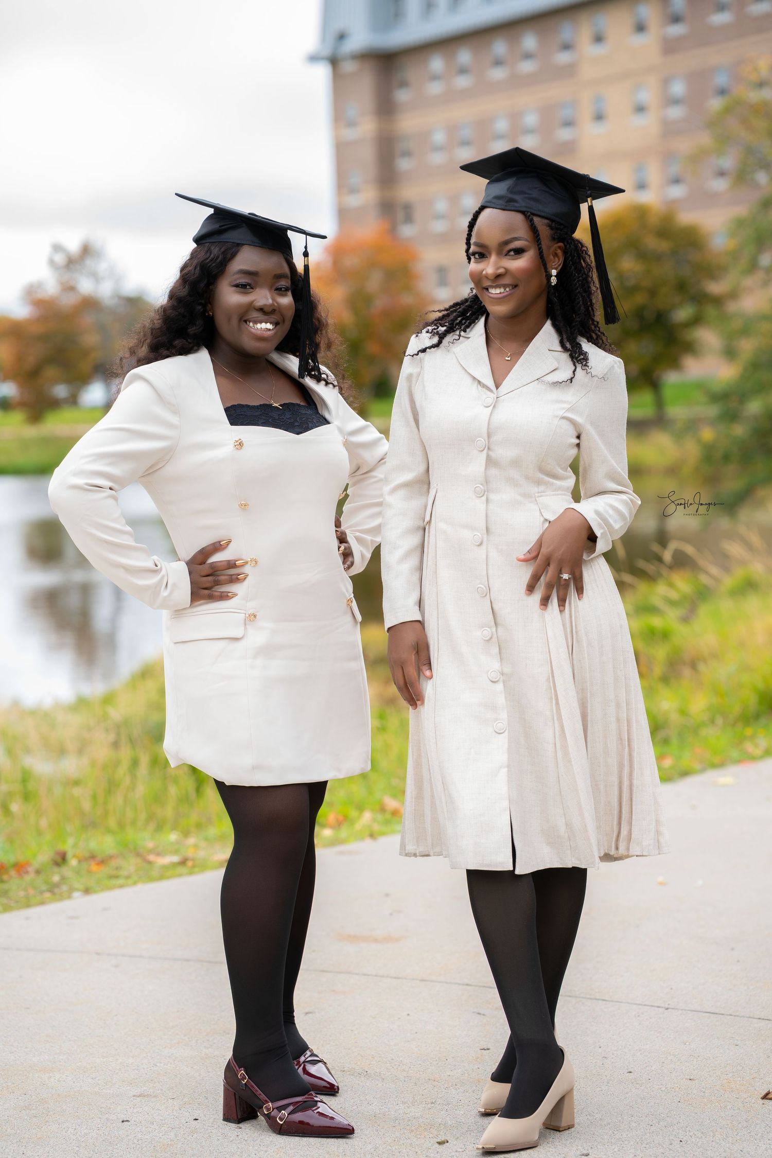 A graduation photo collage showing four poses in white outfits and caps against a fall outdoor backdrop.