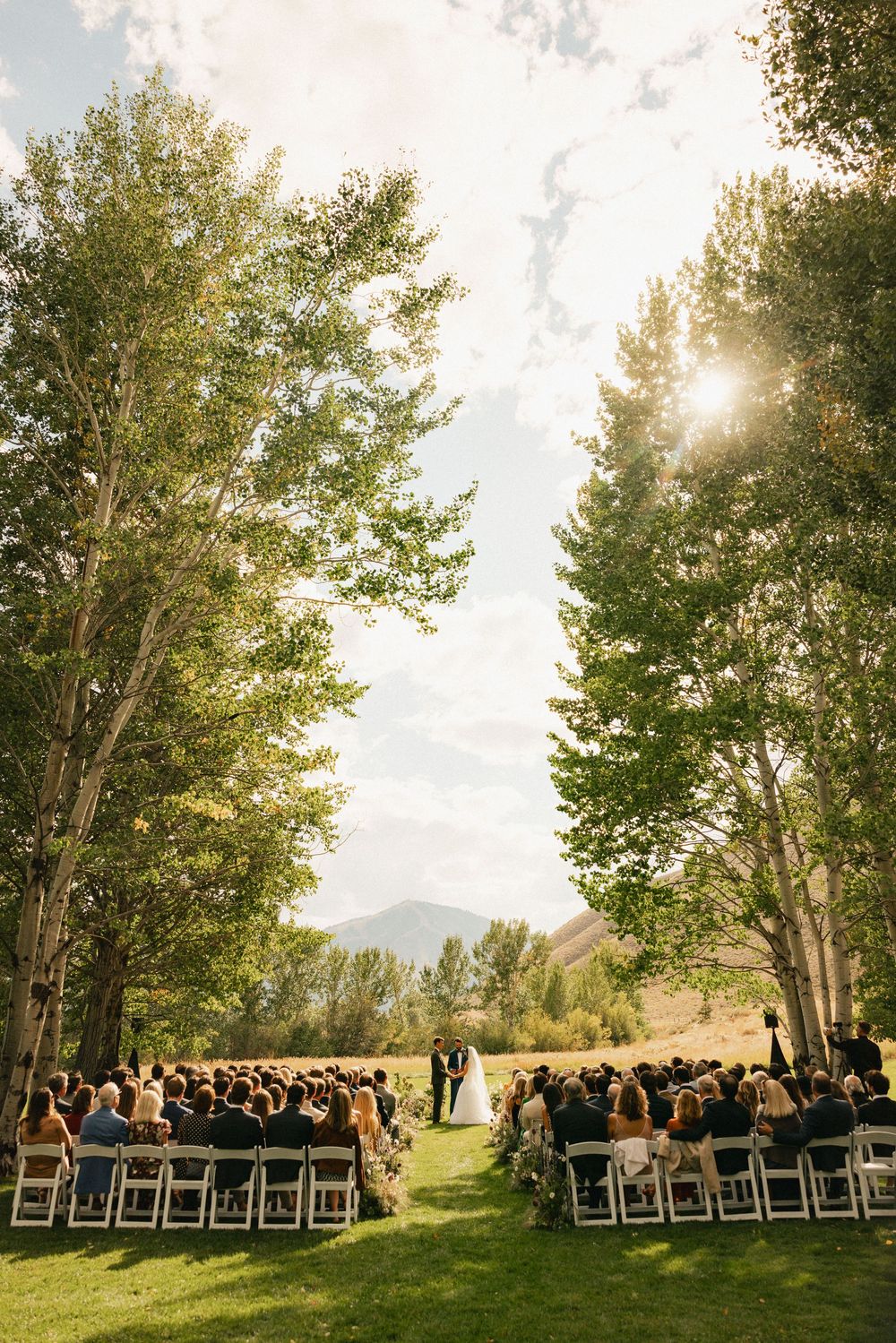 Outdoor wedding ceremony setup with white chairs arranged in rows under tall trees during golden hour in a scenic mountain setting.