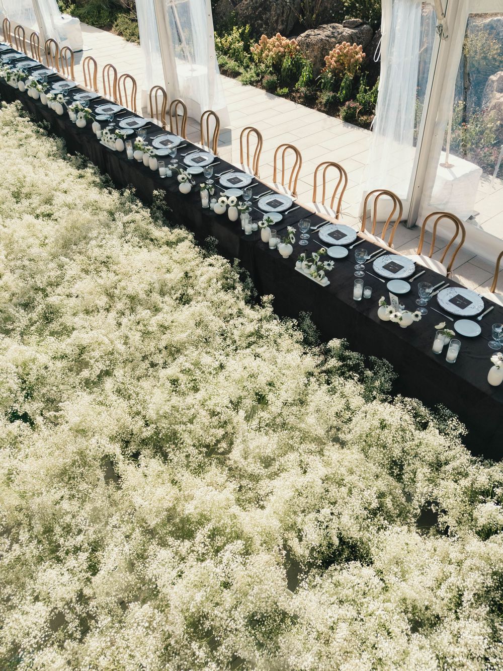 Elegant wedding reception table with black linens surrounded by a lush carpet of white baby's breath flowers outdoors.