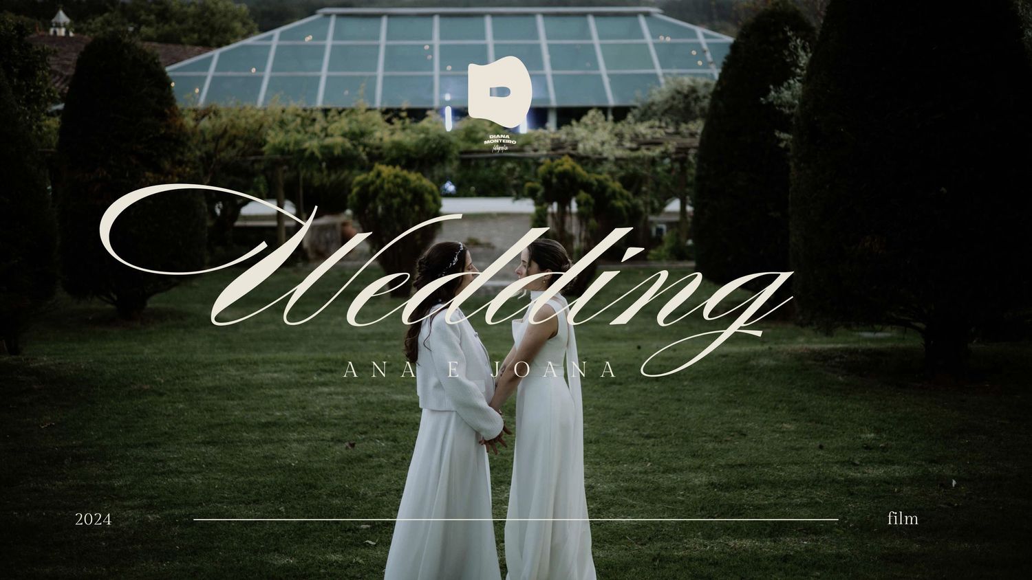 Elegant wedding typography overlay on romantic outdoor scene.