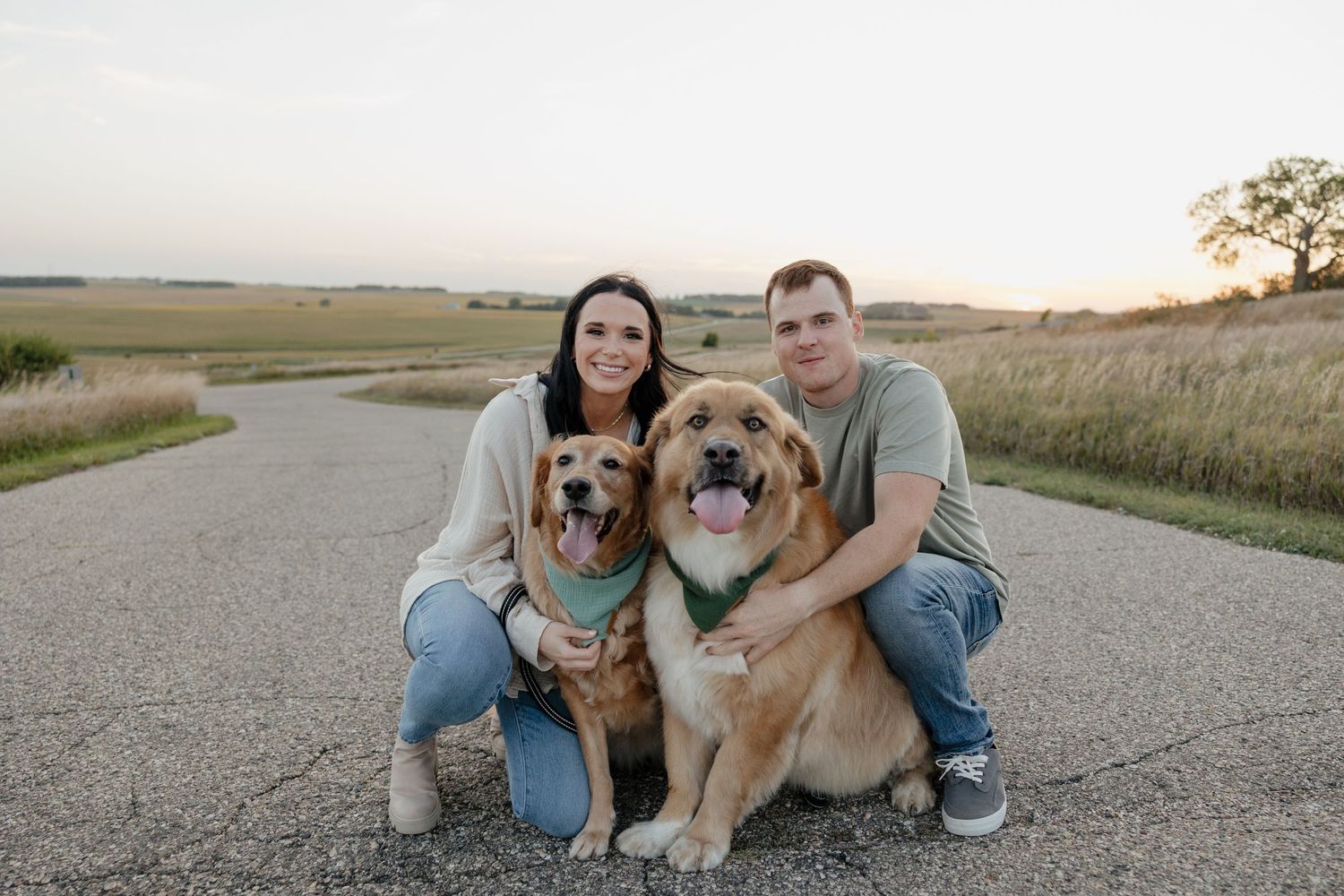 A couple sits on a country road with their two happy golden retriever dogs at sunset.