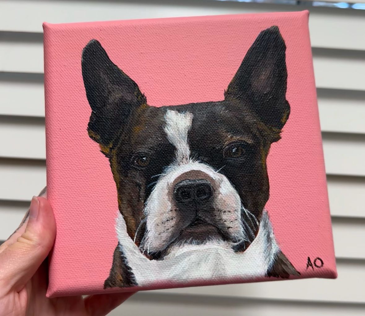 Small canvas painting of a Boston Terrier dog portrait with pink background.