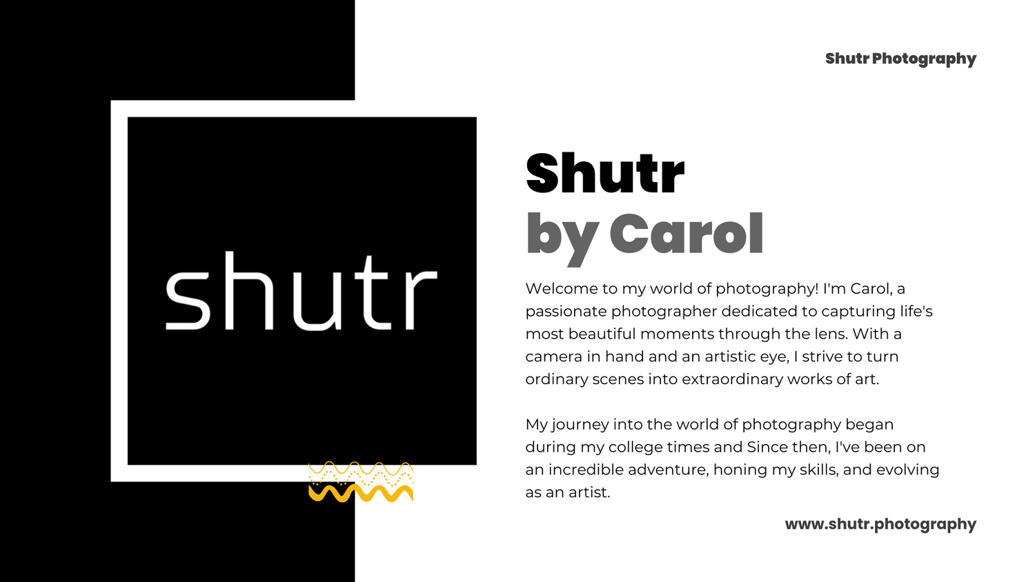 Black and yellow minimalist photography logo design featuring the word 'shutr' in modern font with wavy lines.