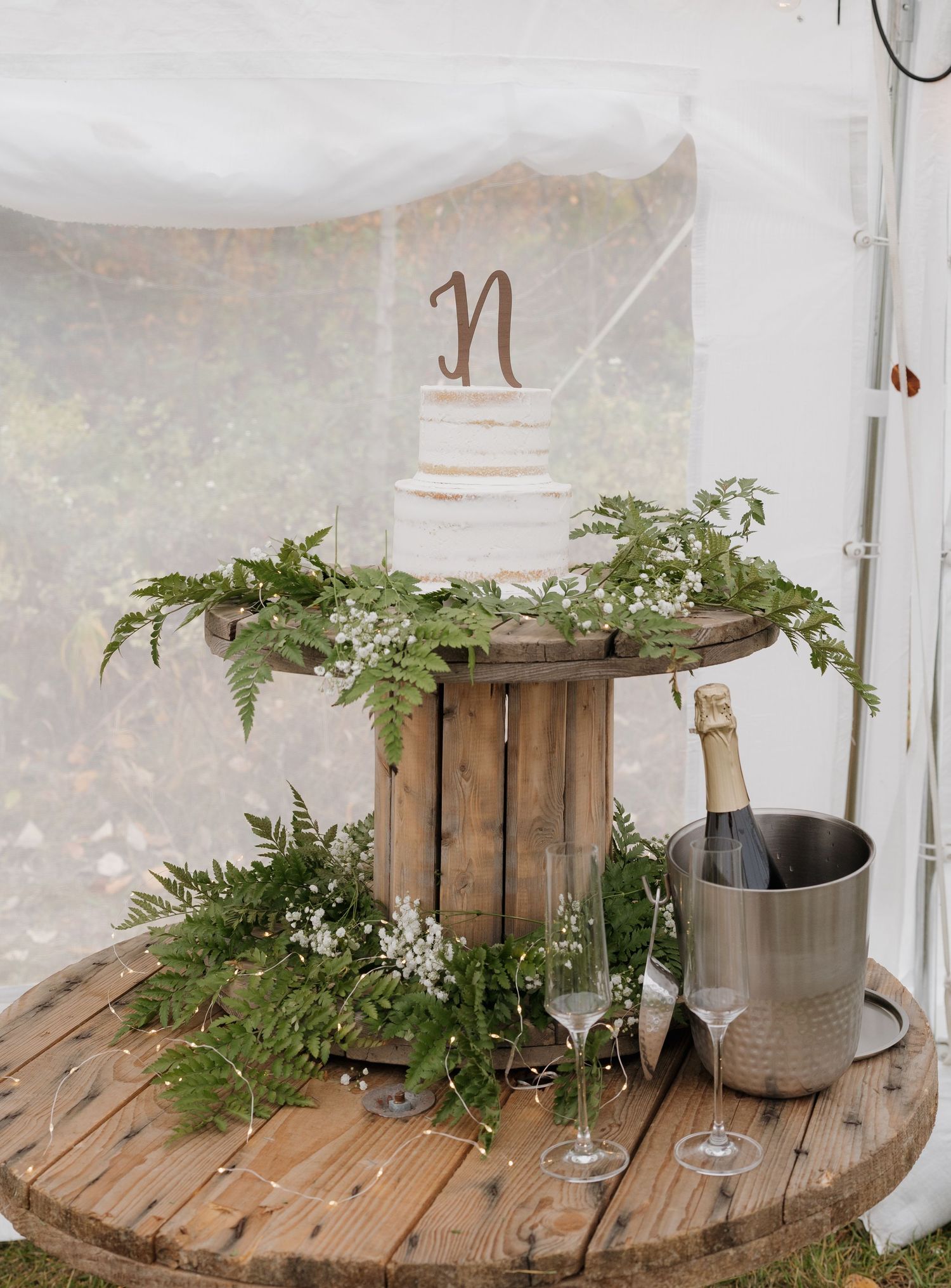 White wedding cake displayed on rustic wooden crate with delicate ferns and champagne bucket at outdoor reception.