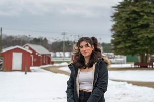 Winter portrait with red barns and snow-covered ground in a rural setting.