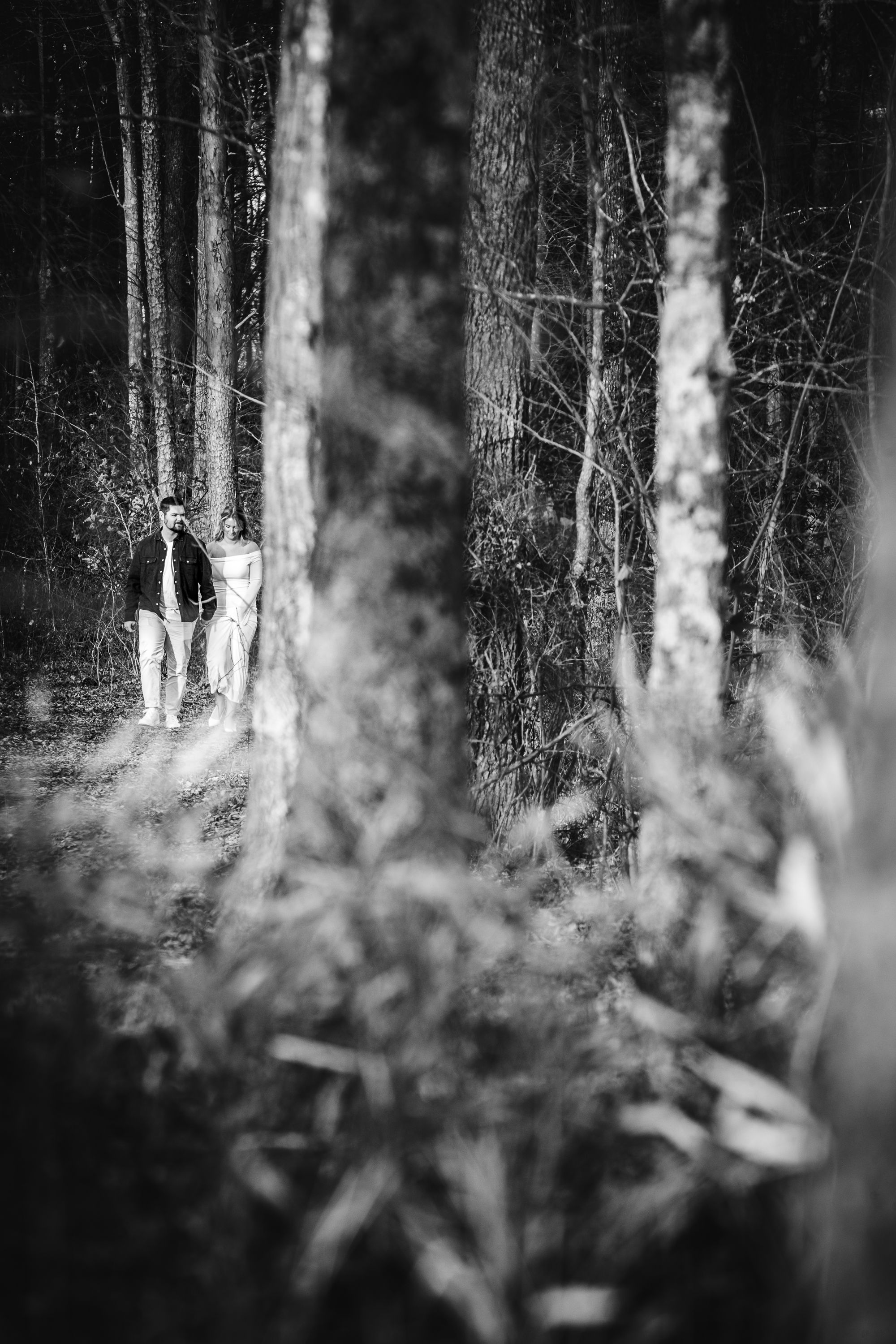 Black and white photo sequence showing figures walking through a misty forest with tall tree trunks in the background.