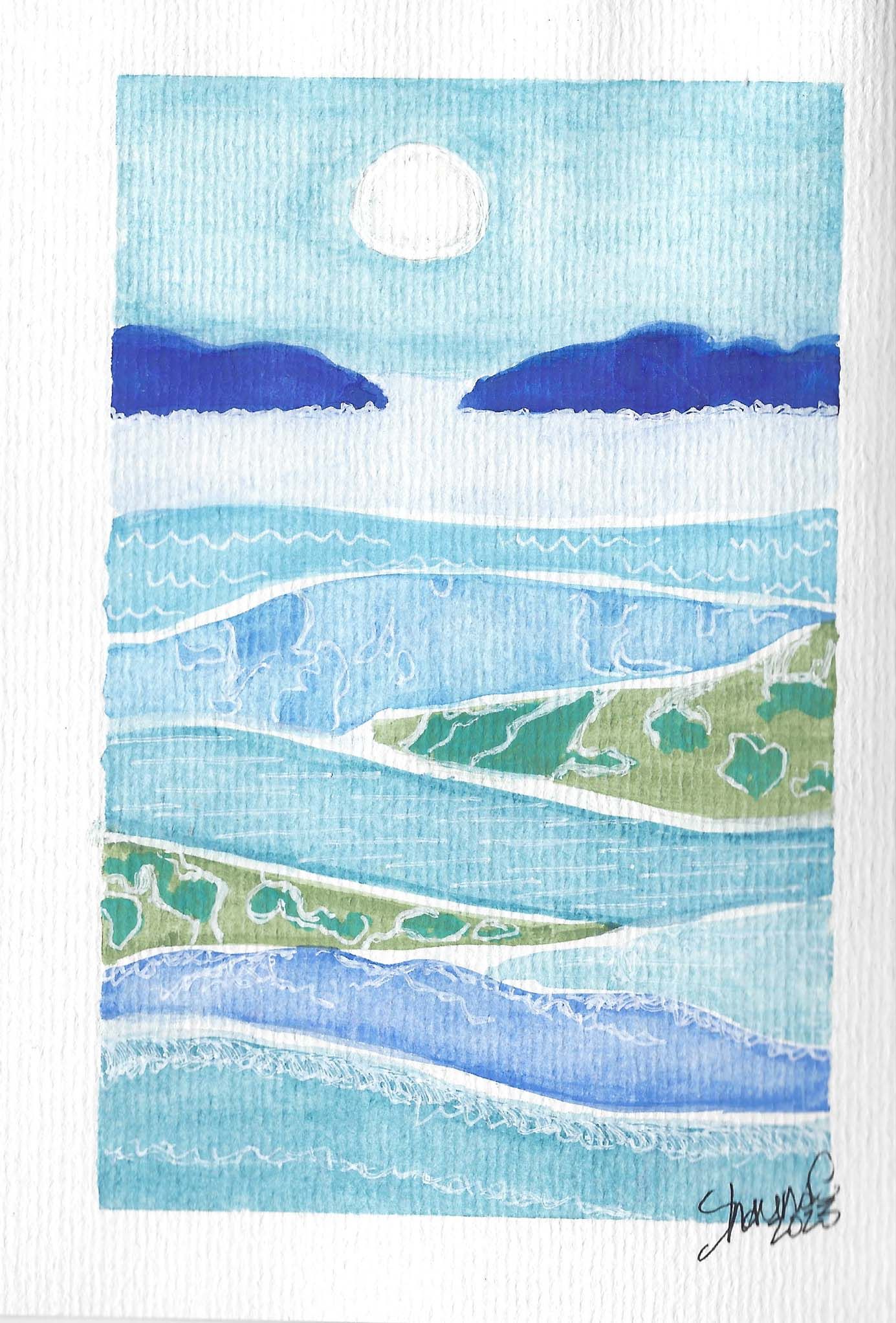 Watercolor landscape series showing coastal scenes with ocean and hills in blue and green tones.