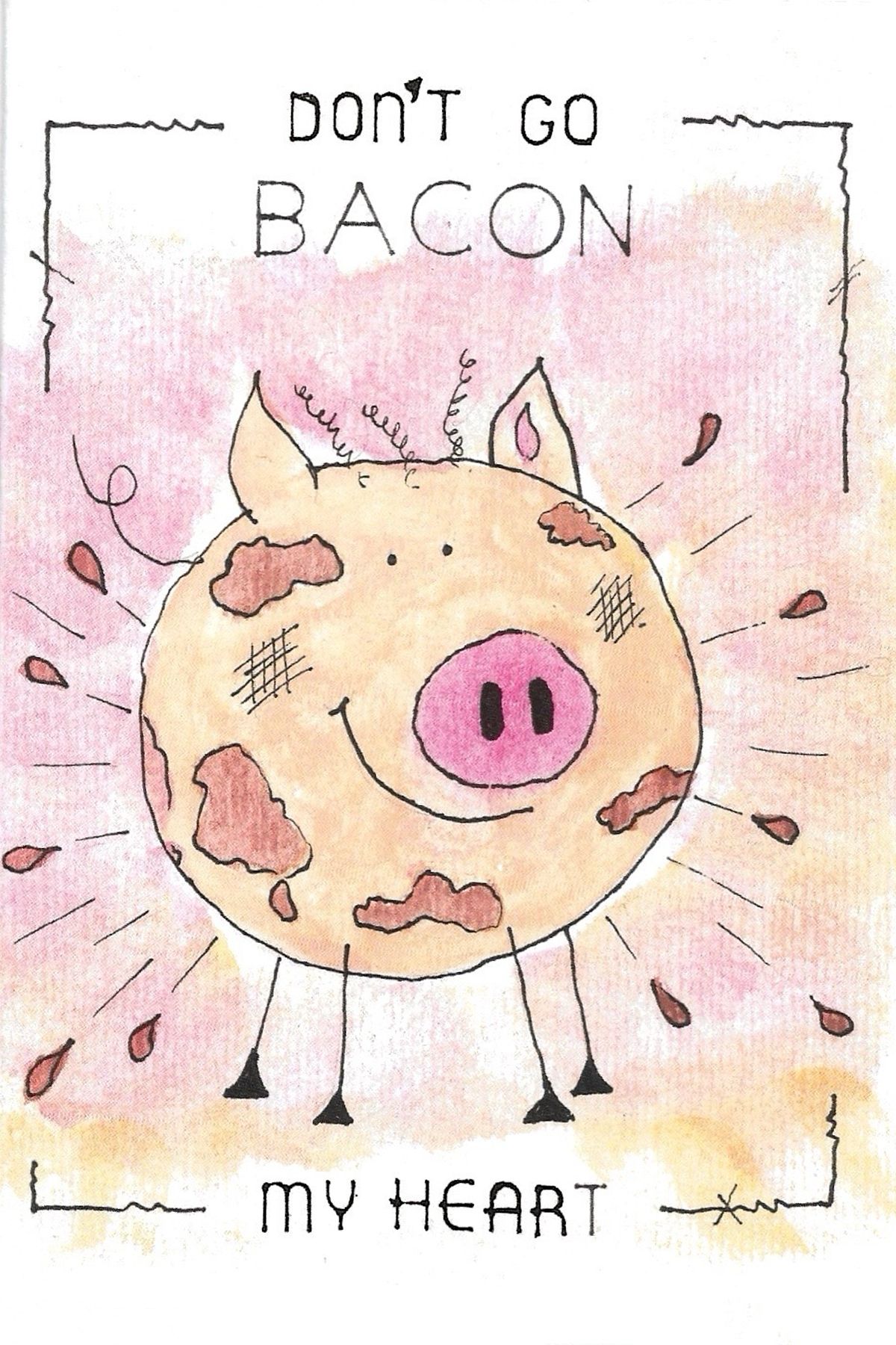 Watercolor comic strip of a cute pig with bacon-related puns and heart symbols.