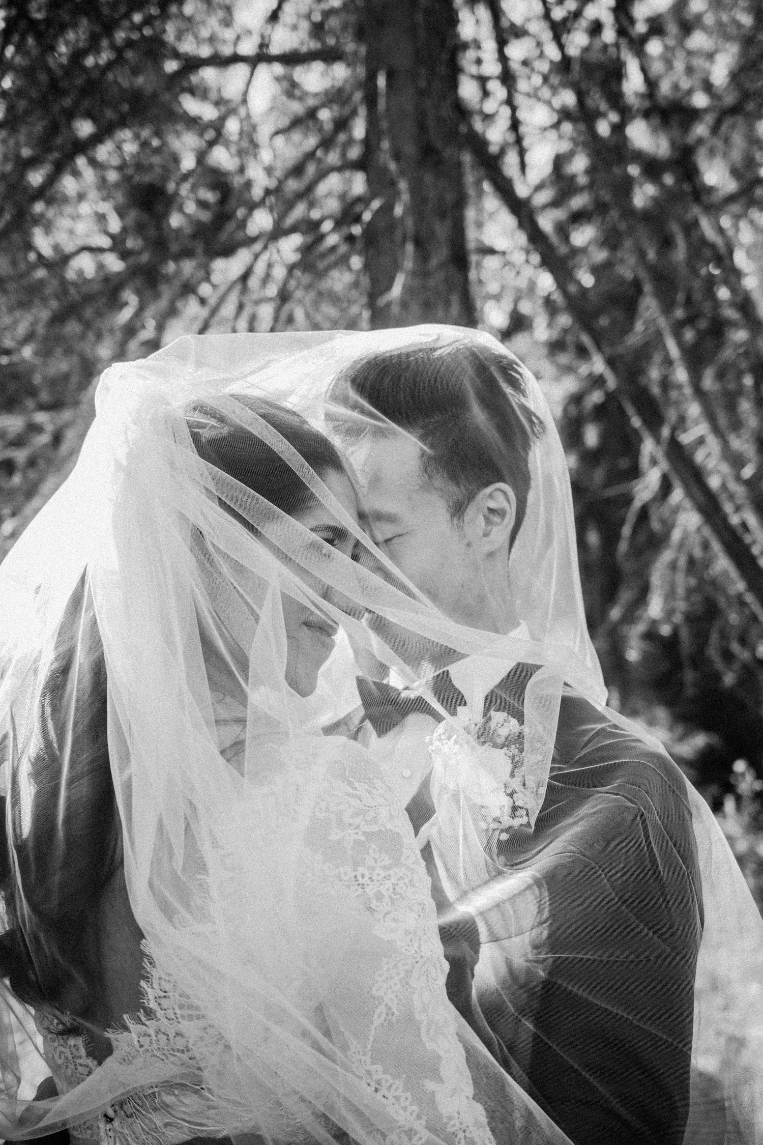 A romantic black and white wedding photo showing a couple sharing an intimate moment under a flowing white veil.