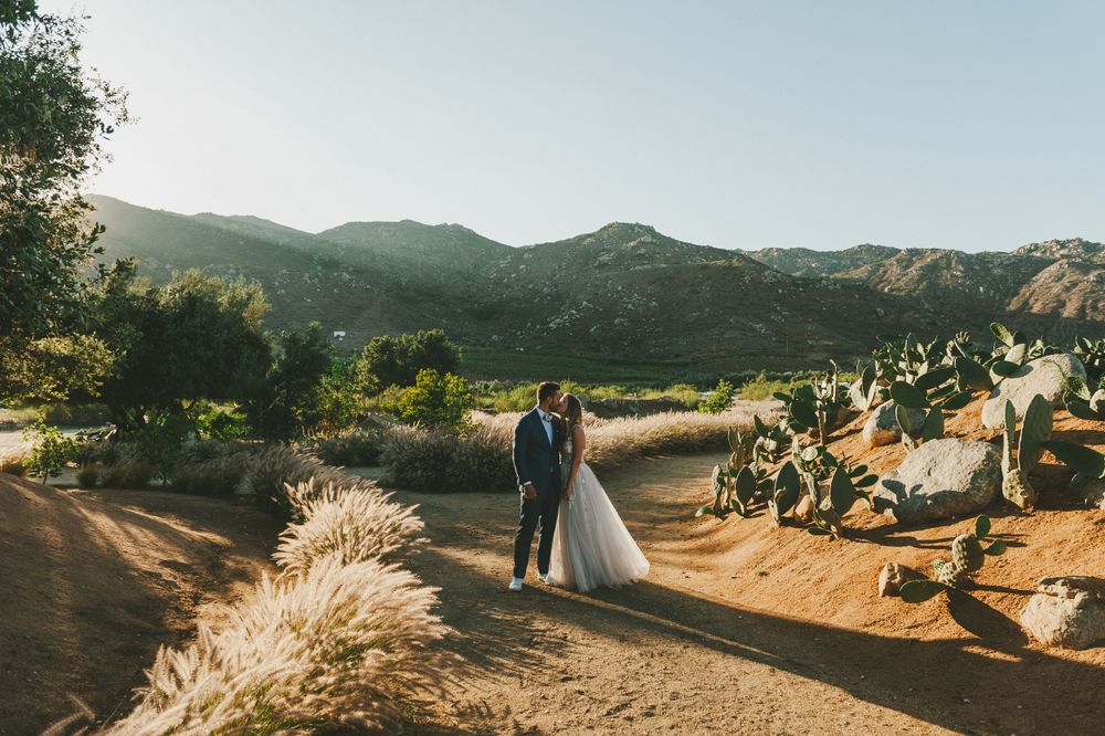 Newlyweds standing on a desert at sunset.