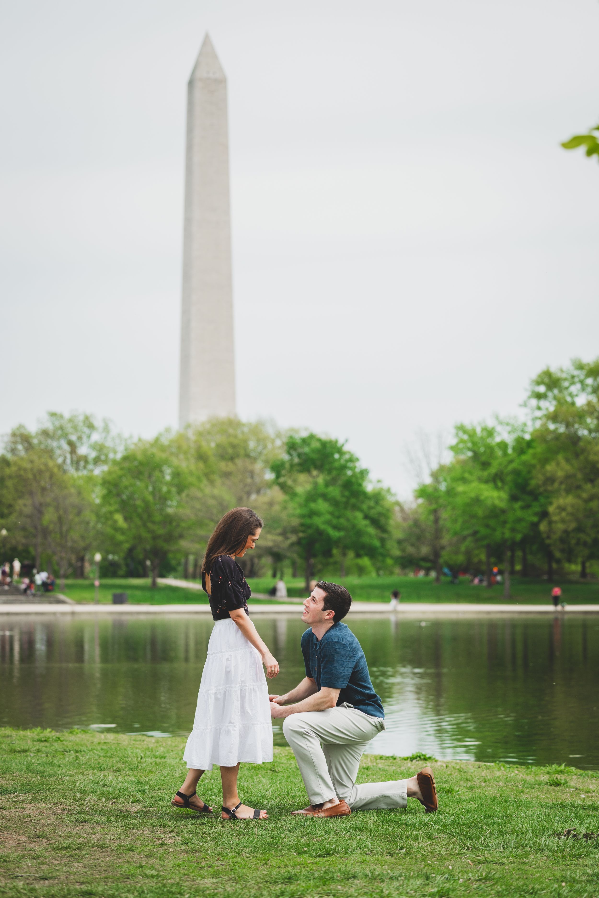 A romantic proposal scene unfolds by the reflecting pool near the Washington Monument on a spring day.