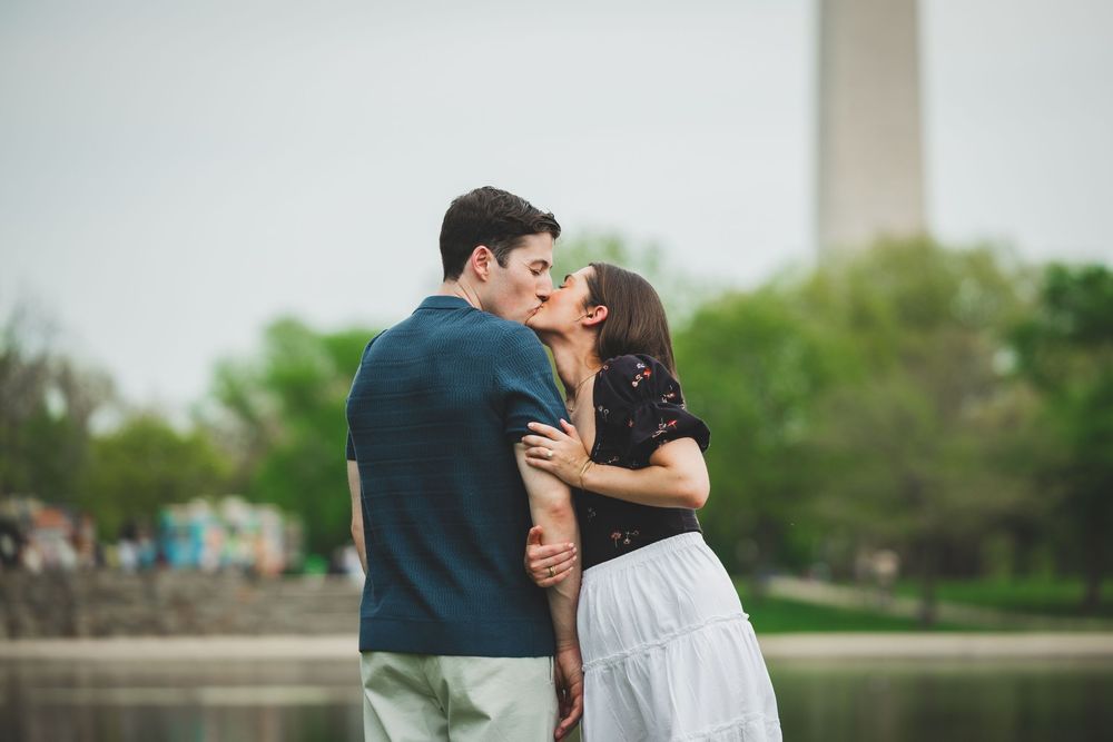 A couple shares romantic moments in an outdoor photoshoot across multiple connected frames.