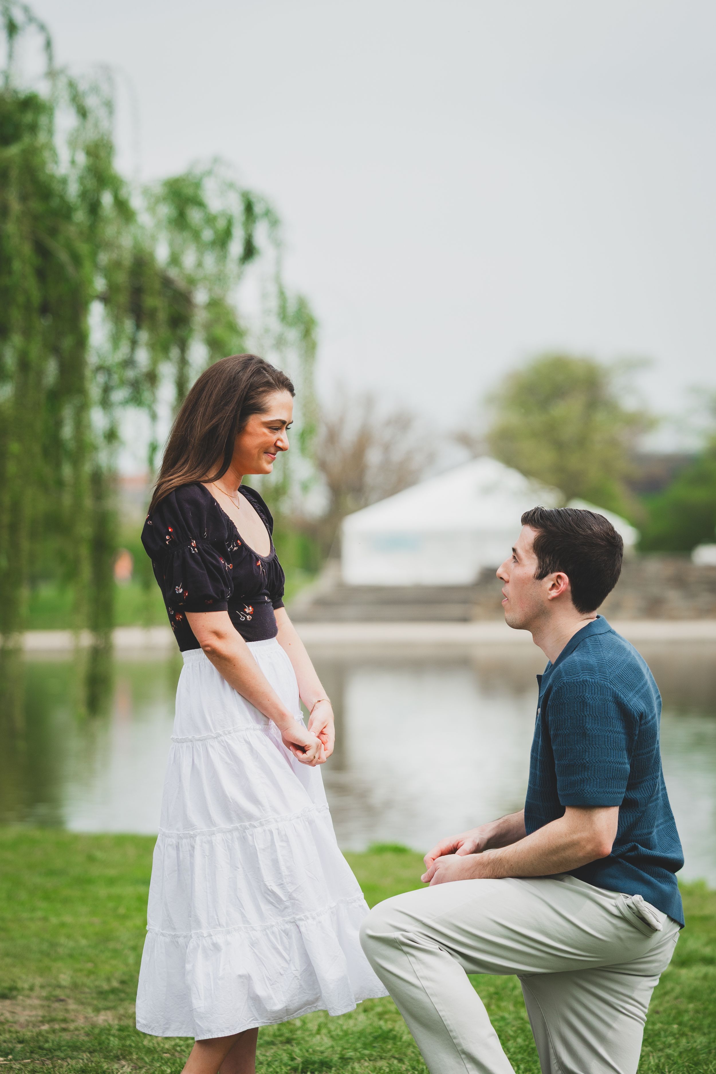 A romantic proposal scene by a lake with a weeping willow tree in the background.