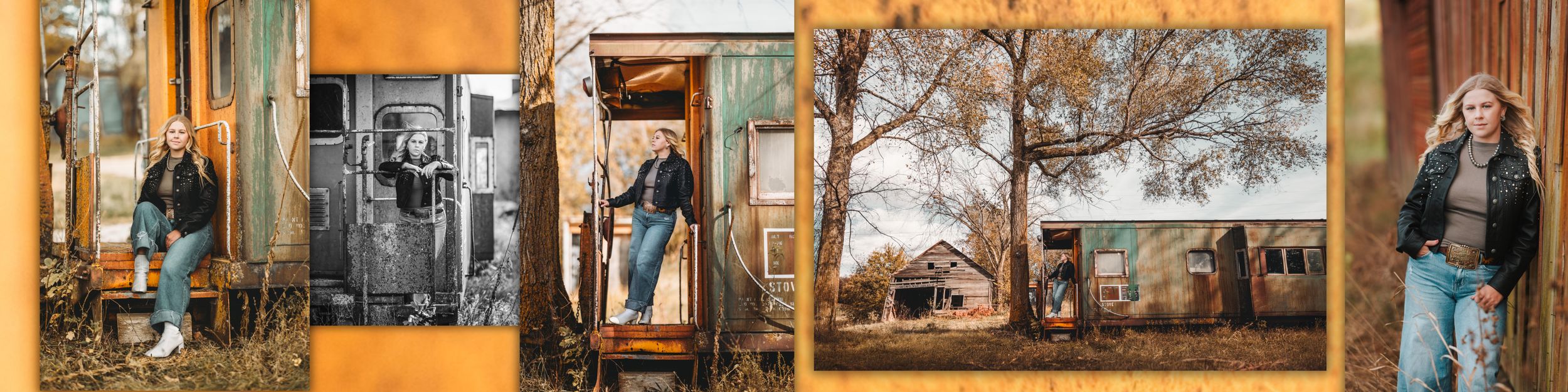 A collage of autumn outdoor portraits featuring warm tones, rustic settings, and natural fall scenery.
