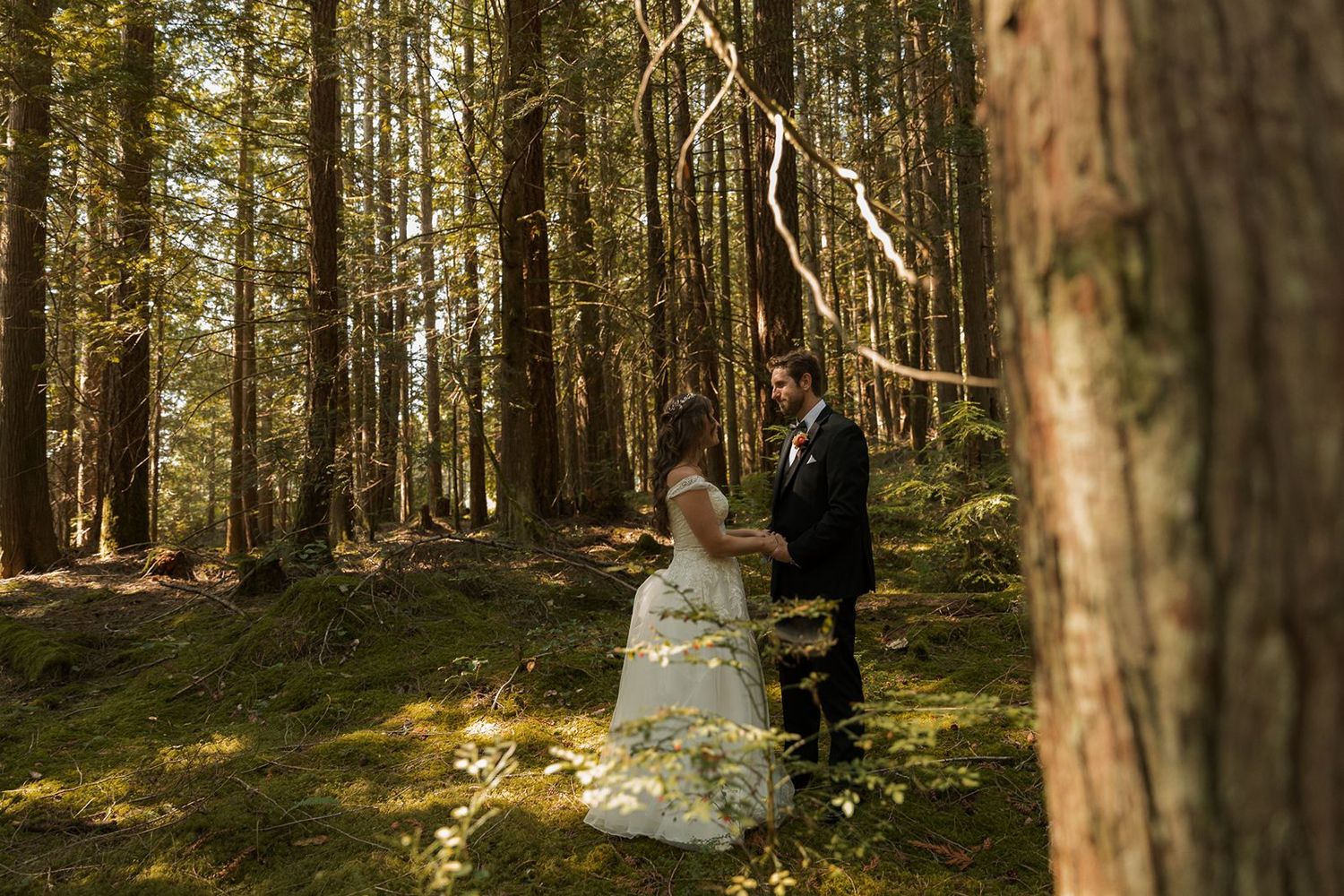 Bride and groom hold hands in a sunlit forest clearing decorated with hanging white ribbons.