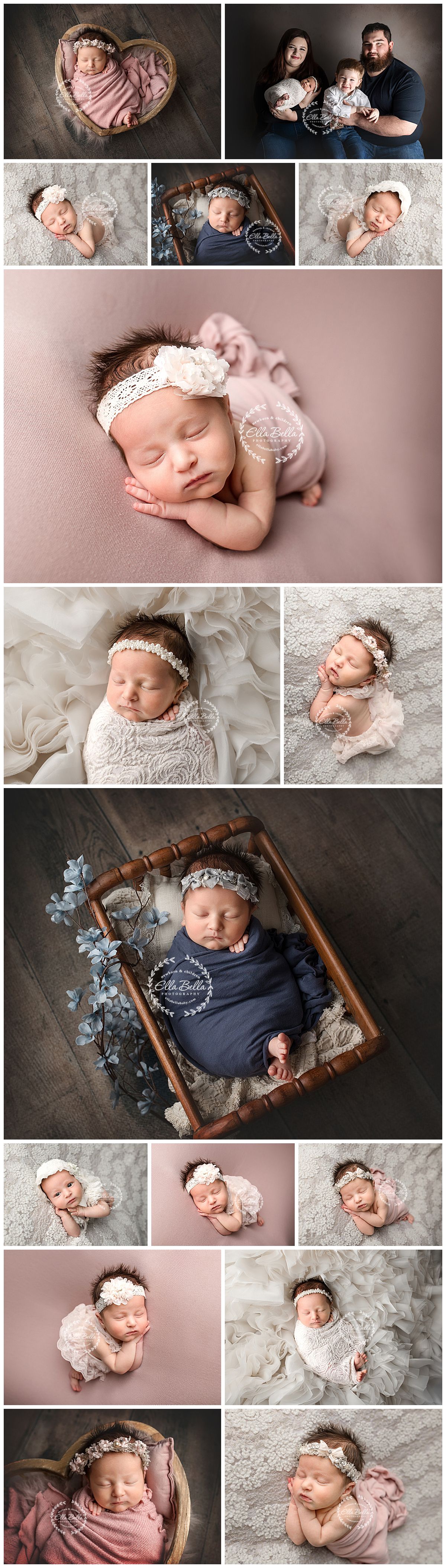 A collection of soft and dreamy newborn photography featuring delicate poses, lace wraps, and wooden props in pink and neutral tones.