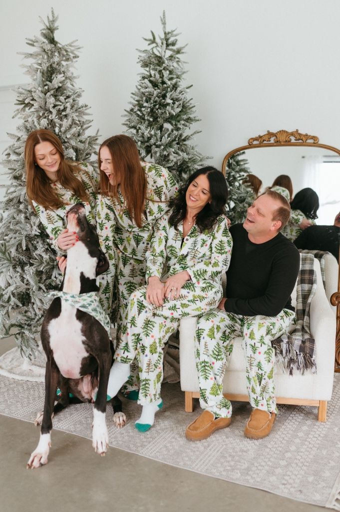 Playful sequence of photos showing people in matching holiday pajamas posing and laughing by a snowy Christmas tree.