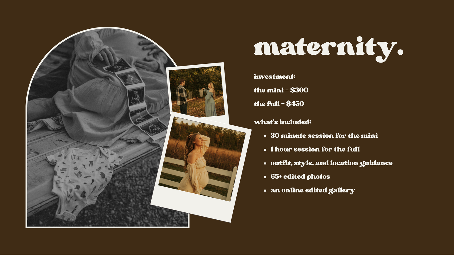 A collection of black and white maternity photography portfolio images displayed on a dark background.